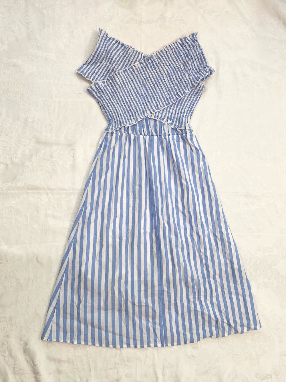 Women Blue White Striped Off Shoulder Dress Smocked Cottagecore Boho, Size S